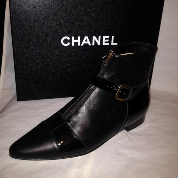 CHANEL 13A Black Leather Patent Pointed Buckled Ankle Bootie Boots Shoes - Picture 2 of 12